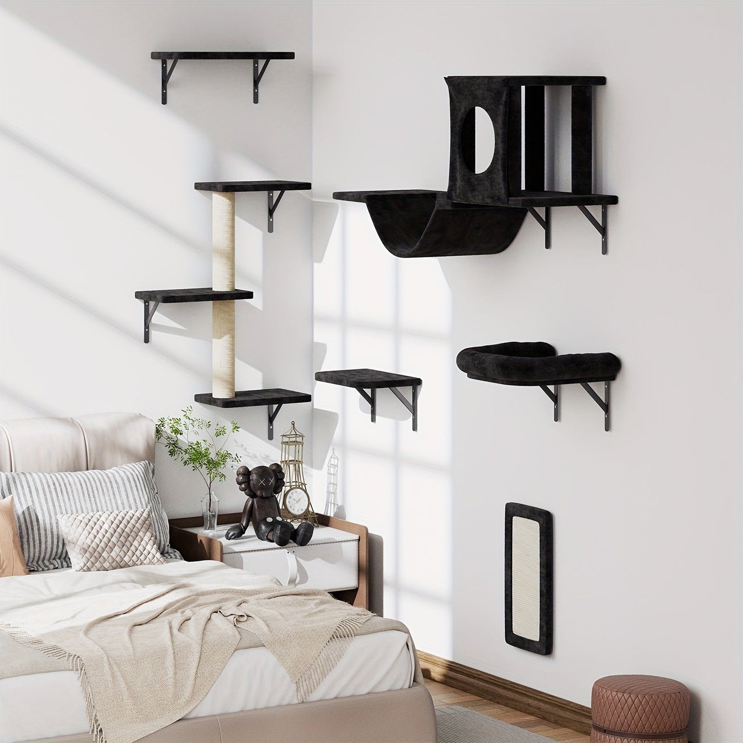 Cat Wall Shelf Climbing Set – 7-Piece Deluxe Wall Mounted Cat Furniture with Condo, Scratching Post, Bridge, Ladder & Tunnel for All Cat Sizes