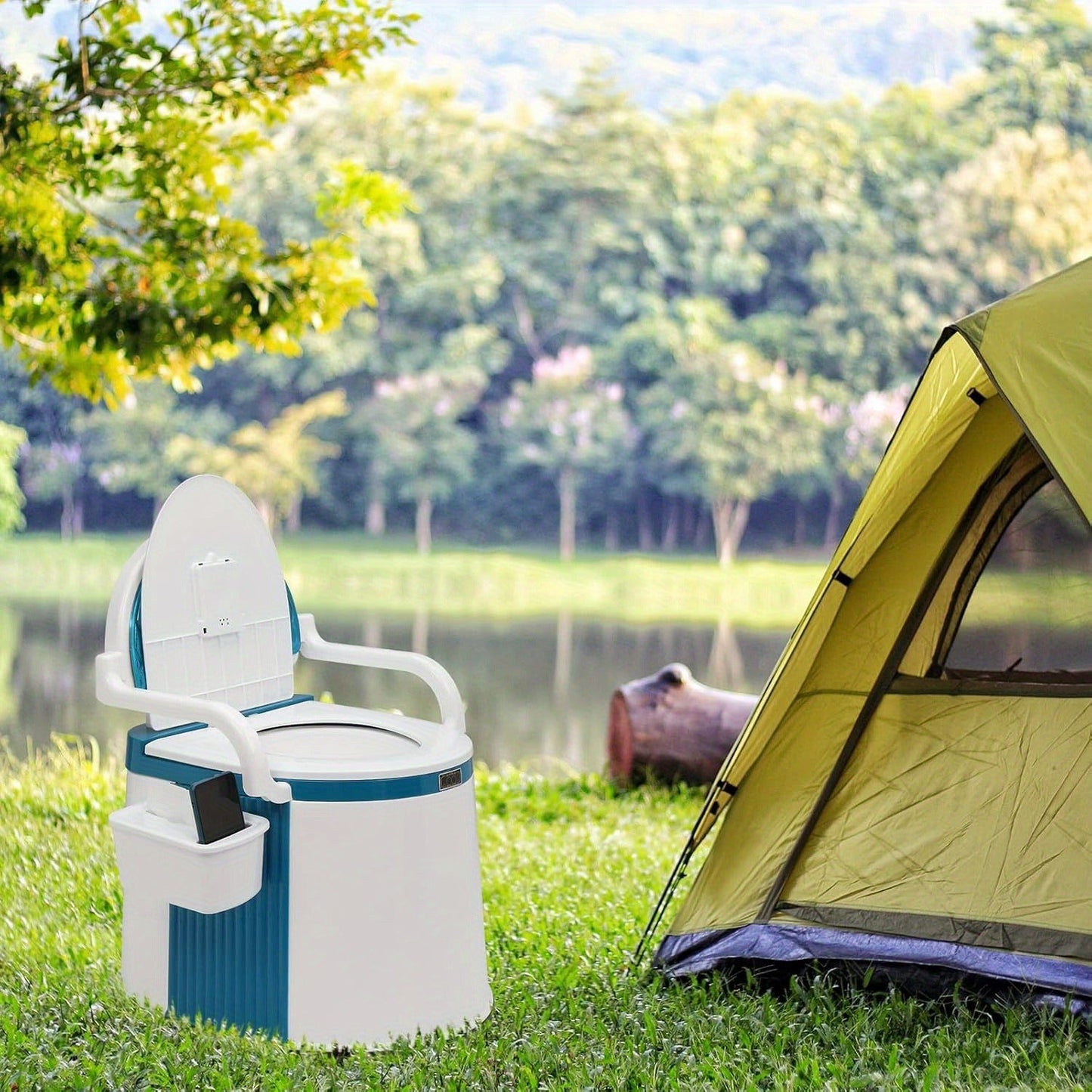 Portable Camping Toilet with Backrest – 350lb Capacity, 6-8 Gal Detachable Bucket, Anti-Slip Base, Built-in TP Holder & Phone Shelf – Lightweight Commode for RV, Boat, Travel & Medical Use