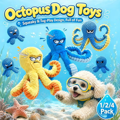 Tough Dog Chew Toy Octopus - Squeaky Stuffed Interactive Dog Toys for Large Dogs, Crinkle Tug of War Plush Dog Toy to Keep Dogs Busy, Durable Dog Toys 1/2/4 Pack - Blue & Yellow Octopus