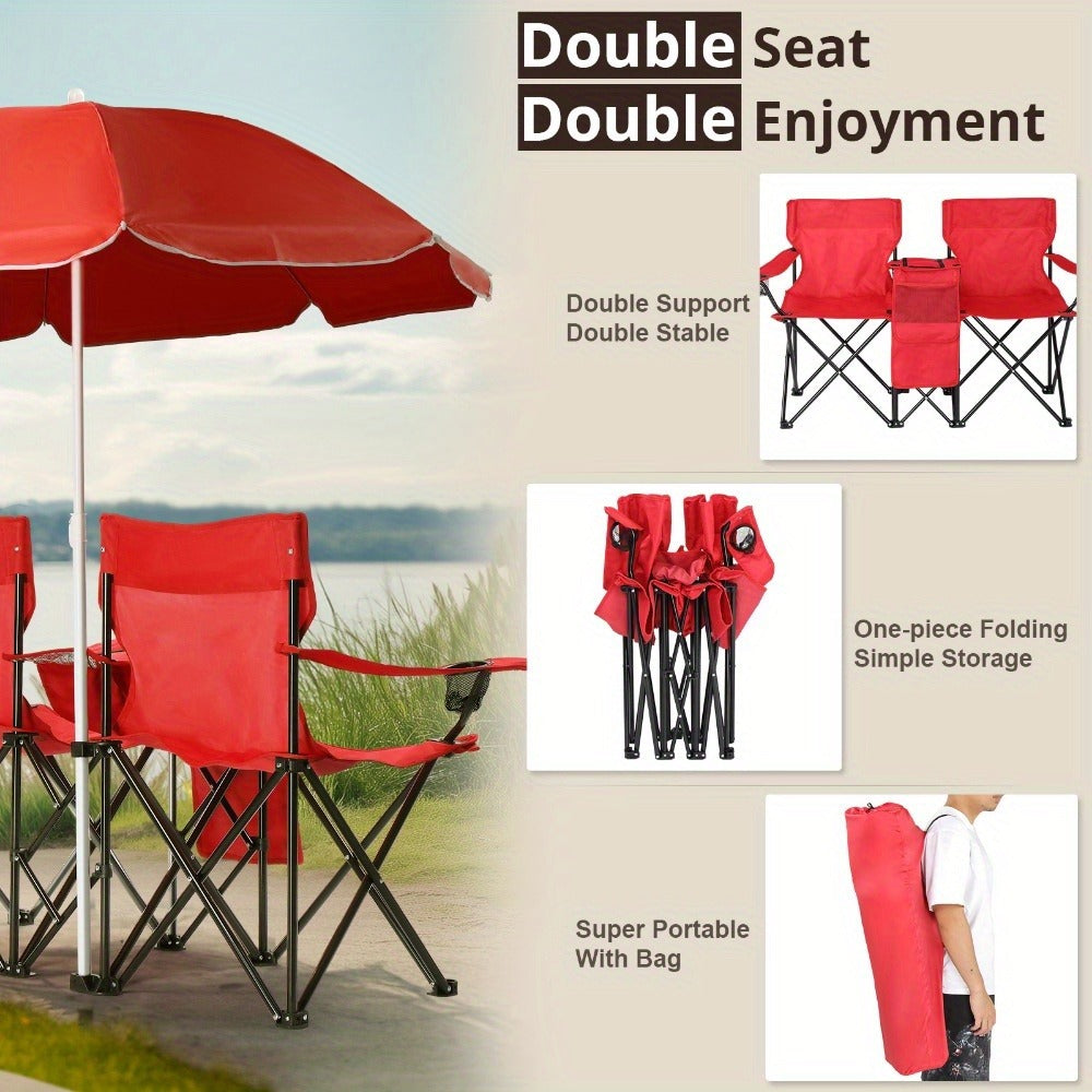 Folding Fishing Chair with Sun Umbrella – 2-Seat Portable Outdoor Chair, Iron Alloy Frame & Oxford Fabric, Built-In Storage Bag & Carry Bag, for Beach, Patio, Camping & Sunbathing, 4 Colors