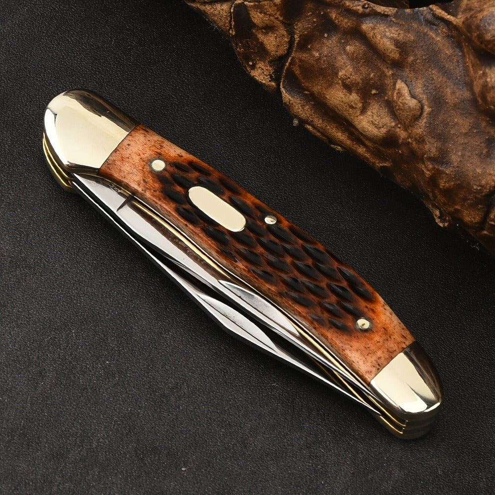 Folding Pocket Knife Handcrafted Multi-Tool with White Copper Finish, Wood Grain & Cow Bone Handle – Portable EDC Blade for Camping, Hunting & Everyday Carry, Best Gift for Men