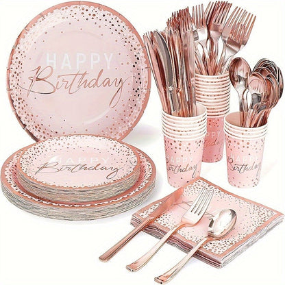 Birthday Party Plates and Napkins Set 175pcs Pink Rose Gold Disposable Tableware Forks Knives Spoons Serves 25 Guests Girl Birthday Party Supplies