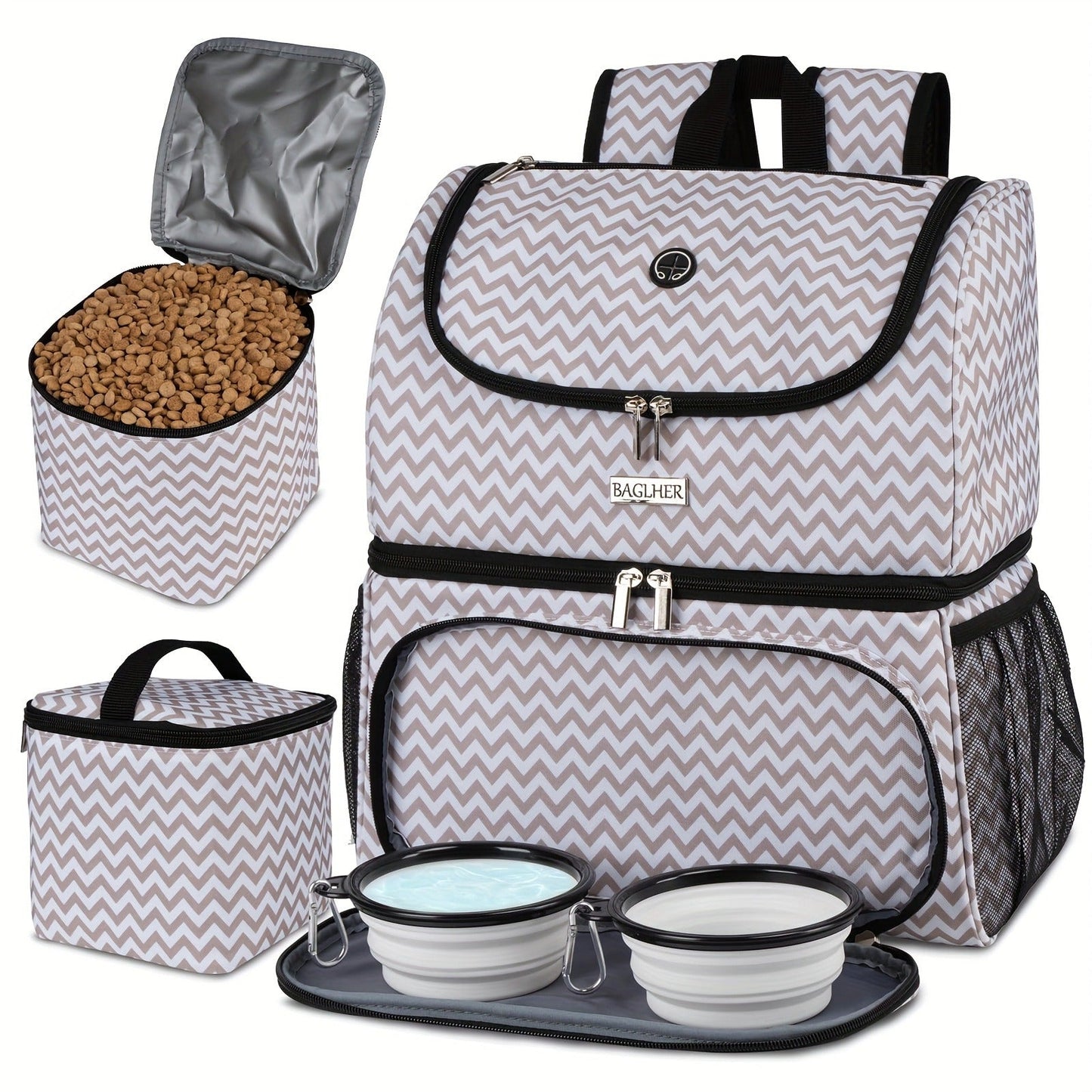 Pet Travel Backpack Double Layer Dog Cat Supplies Bag with 2 Collapsible Bowls 2 Food Baskets Portable Organizer for Outdoor Hiking Camping Road Trip