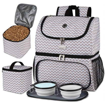 Pet Travel Backpack Double Layer Dog Cat Supplies Bag with 2 Collapsible Bowls 2 Food Baskets Portable Organizer for Outdoor Hiking Camping Road Trip
