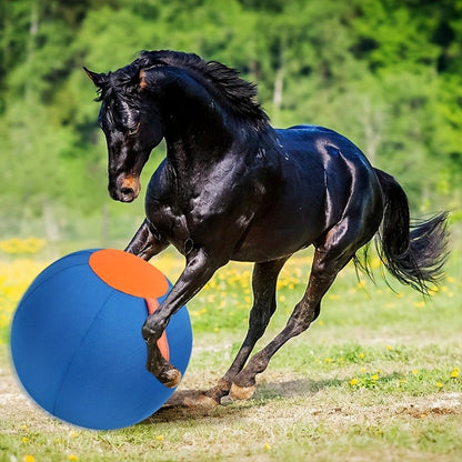 Horse Training Ball 21.7" Anti-Burst Silicone Grazing Ball with Cover & Hanging Belt for Horses Goats Dogs, Large Stable Toy Boredom Buster Ball for Equine Play & Exercise, Blue & Orange