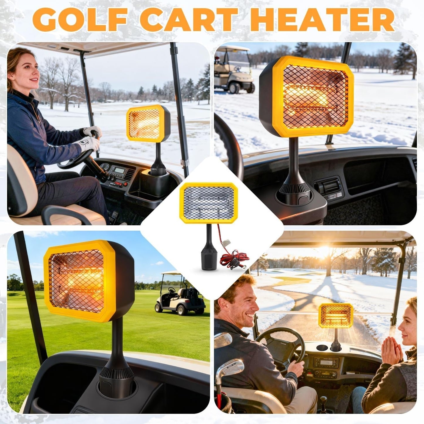 400W Electric Golf Cart Heater Carbon Fiber Fast Heating 360° Adjustable Angle Battery Powered Portable Heater with Cup Holder Adapter Compatible with 48V Golf Cart Systems Golf Cart Accessories