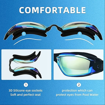 Swim Goggles Set 6pcs – Iridescent Coated PC Lens, UV Protection, Waterproof PU Swim Cap, Nose Clip, Earplugs, Case & Storage Bag for Adult Racing Swimming