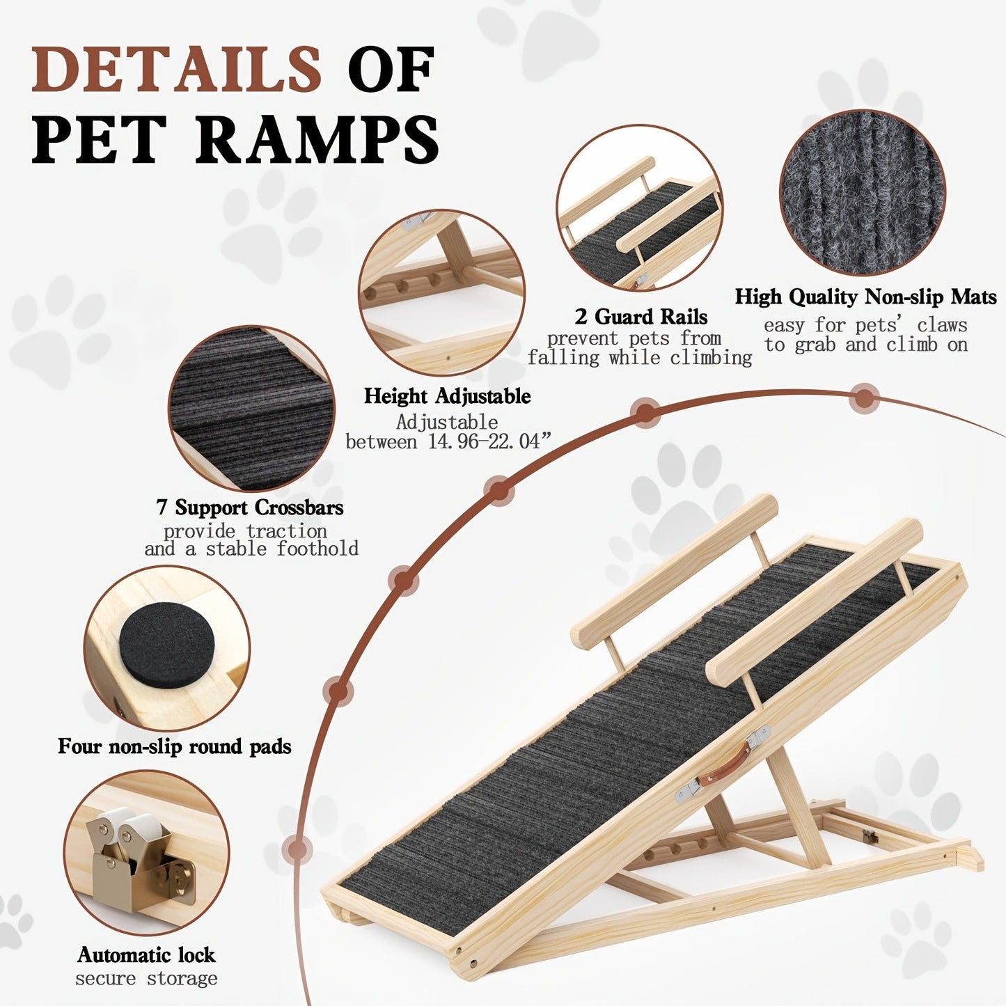 Dog Ramp for Bed & Sofa – Foldable Wooden Pet Ramp with Safety Guards, Adjustable Height, Holds 250 lbs, Indoor Outdoor Dog Steps for Small Medium Large Dogs, Couch Car Ramp
