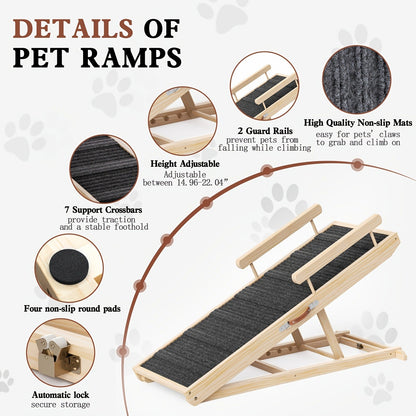 Dog Ramp for Bed & Sofa – Foldable Wooden Pet Ramp with Safety Guards, Adjustable Height, Holds 250 lbs, Indoor Outdoor Dog Steps for Small Medium Large Dogs, Couch Car Ramp