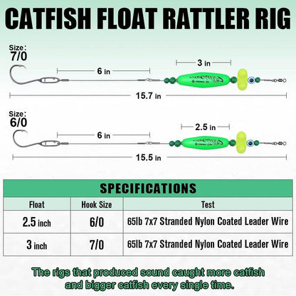 Catfish Rig Santee Cooper Float with Rattler 4pcs Set, Catfishing Tackle Rattle Float Rig for Bank Fishing, High-Quality Circle Hooks Sound Wave Lure for Freshwater Catfish, 2.5 Inch Green