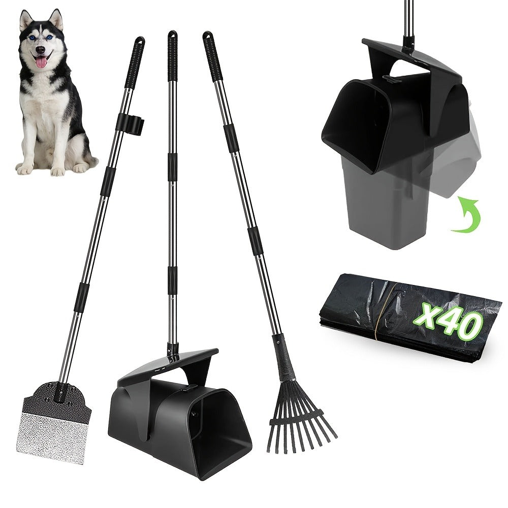 Dog Pooper Scooper with Long Handle & Swivel Bin - Heavy Duty Rake Spade Set, 40 Waste Bags Included, Pet Waste Removal for Yard Grass Gravel