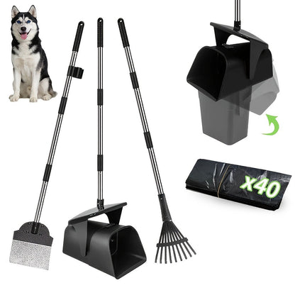 Dog Pooper Scooper with Long Handle & Swivel Bin - Heavy Duty Rake Spade Set, 40 Waste Bags Included, Pet Waste Removal for Yard Grass Gravel