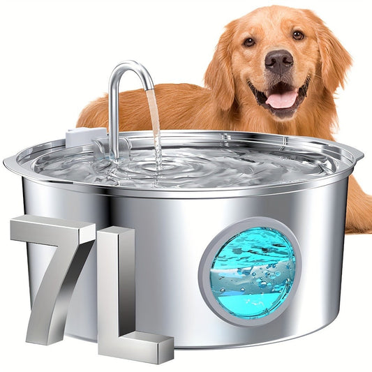 Stainless Steel Pet Water Fountain 1.85 Gal - Smart 304 SS Large Capacity Cat Dog Automatic Water Dispenser, Silent Pump, Filter Chip, Water Level Window