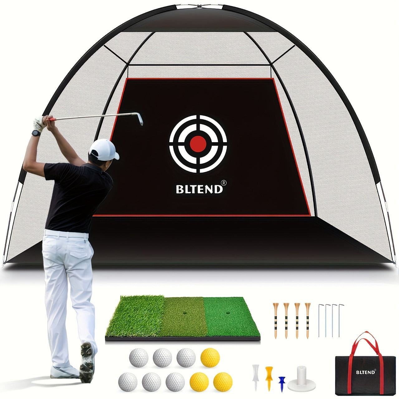 Golf Practice Net with Mat Set 10x7ft – Heavy Duty Backyard Driving Hitting Net with Turf Mat Golf Balls Rubber Tees & Carry Bag for Indoor Outdoor Training – Golf Gift for Men Women