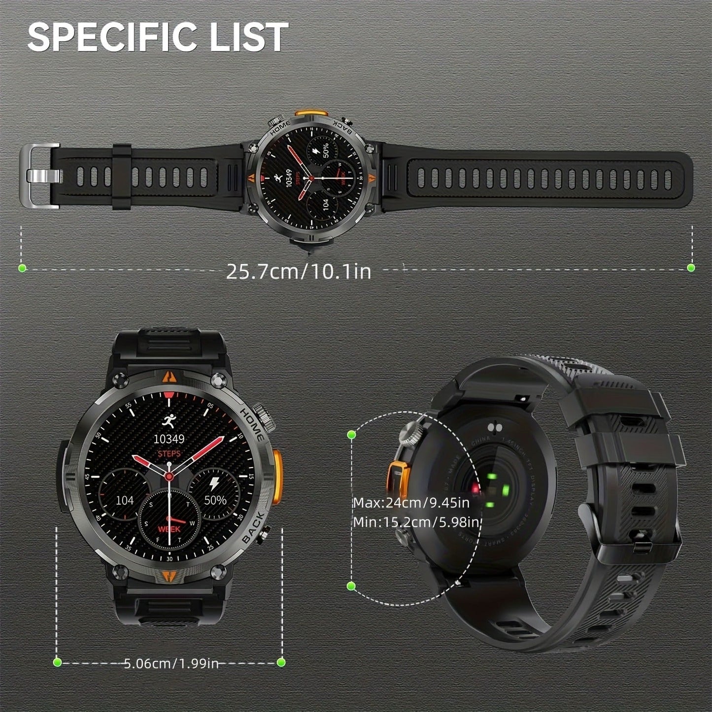 EIGIIS KE3 Rugged Smartwatch for Men – Wireless Calling, HD 1.45" Screen, LED Light, Fitness Tracker, iPhone & Android