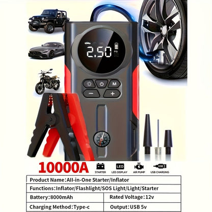 Car Jump Starter Portable Emergency Power Bank with LED Flashlight SOS Air Pump for Small Vehicles Roadside Emergency Kit