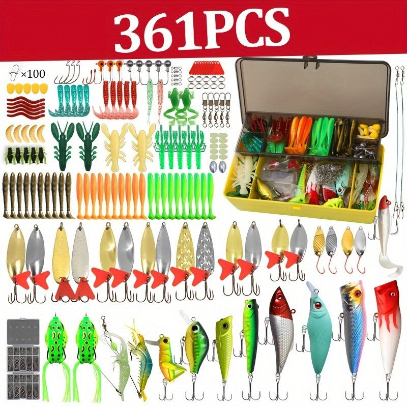 Fishing Lures Kit 361pcs with Tackle Box - Minnow, Spoon, Frog, Soft Worm, Jig Head & Spinner Baits Set for Saltwater & Freshwater Bass, Trout & Pike Fishing