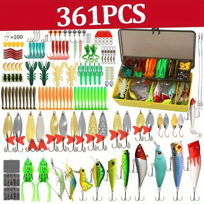 Fishing Lures Kit 361pcs with Tackle Box - Minnow, Spoon, Frog, Soft Worm, Jig Head & Spinner Baits Set for Saltwater & Freshwater Bass, Trout & Pike Fishing