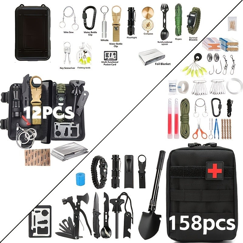 Survival Gear Kit Emergency Tool Set – Outdoor Multifunctional Camping Axe, Survival Shovel & Flint Fire Starter, 12pcs Basic or 158pcs Full Kit for Hiking, Hunting, Earthquake & Outdoor Adventures