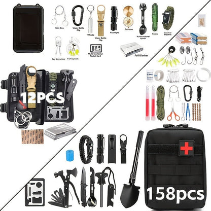 Survival Gear Kit Emergency Tool Set – Outdoor Multifunctional Camping Axe, Survival Shovel & Flint Fire Starter, 12pcs Basic or 158pcs Full Kit for Hiking, Hunting, Earthquake & Outdoor Adventures