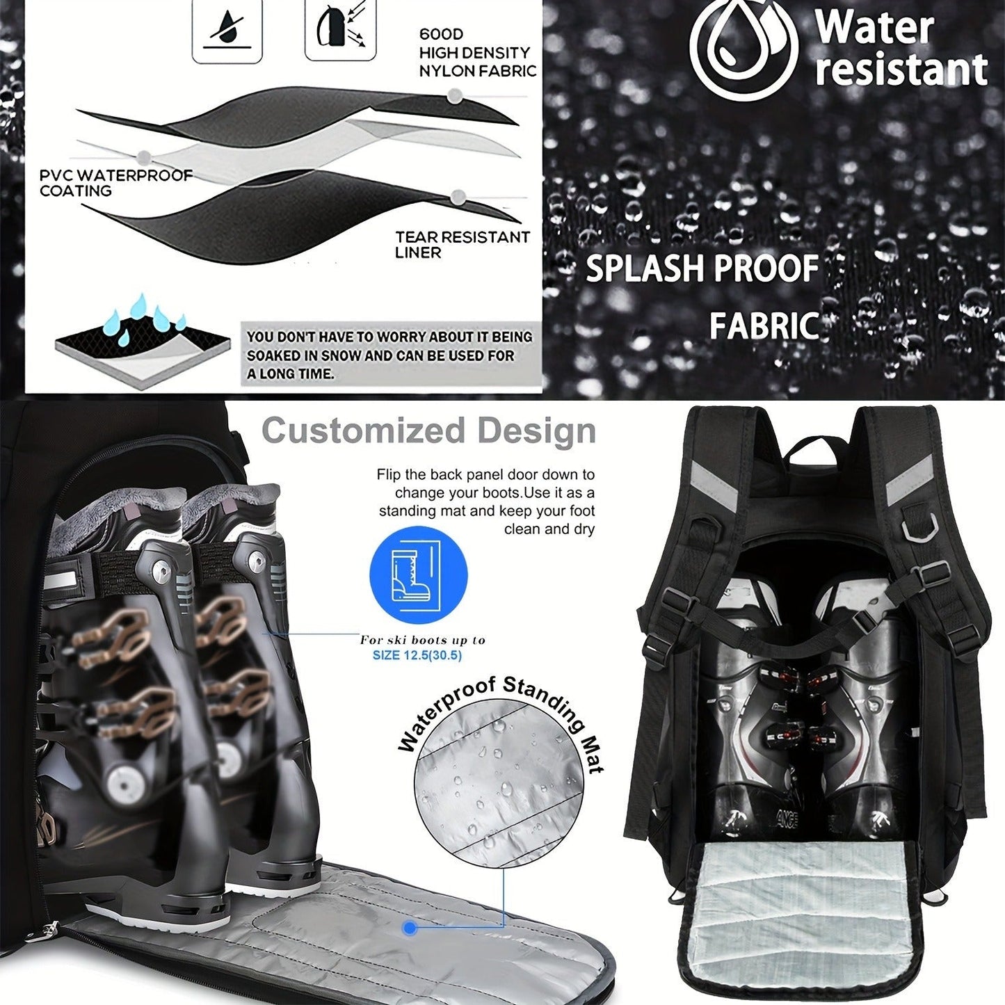 Ski Boot Bag Snowboard Backpack 40-50L Large Capacity Snow Gear Bag for Skiing Helmet Goggles Gloves Snowboard Accessories Winter Sports Equipment Bag Black