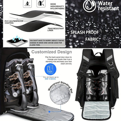 Ski Boot Bag Snowboard Backpack 40-50L Large Capacity Snow Gear Bag for Skiing Helmet Goggles Gloves Snowboard Accessories Winter Sports Equipment Bag Black