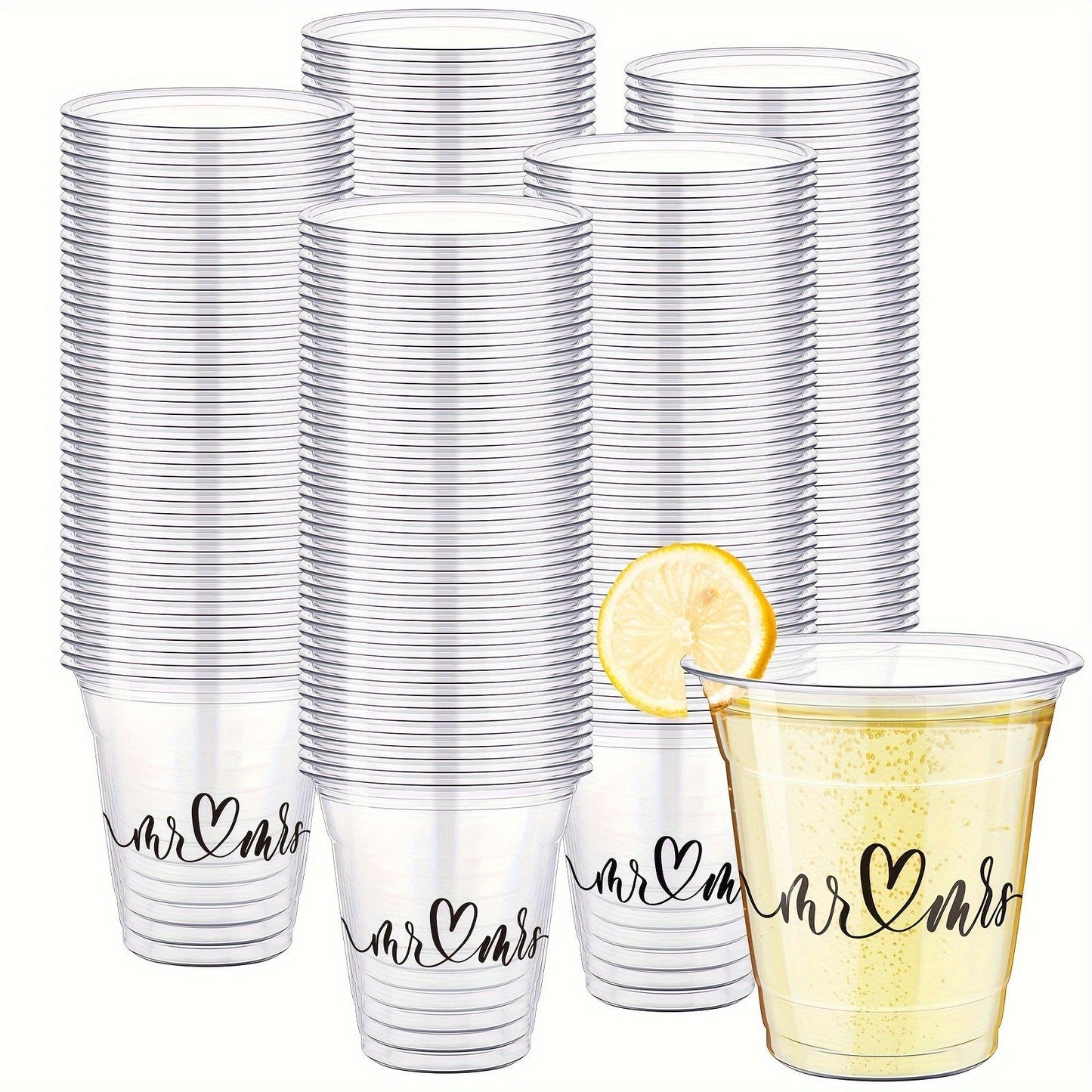 Disposable Wedding Cups 200 Pack 10oz Clear Plastic Glasses Bulk for Wedding Reception Supplies Bridal Shower Anniversary Birthday Party Mr and Mrs
