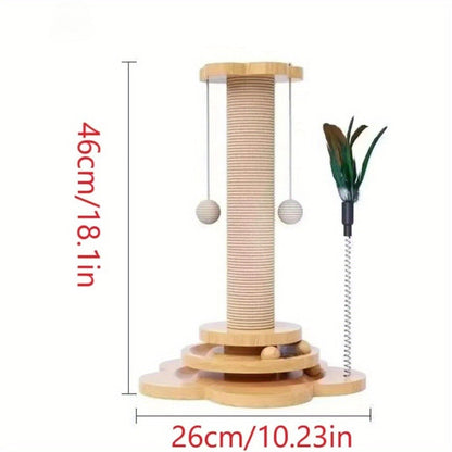 Sisal Cat Scratching Post with Hanging Ball & Turntable Interactive Toy 18.1 Inch - Sturdy Non-Slip Base Suction Cup Bottom for Kittens & Adult Cats, Furniture Protector Scratcher