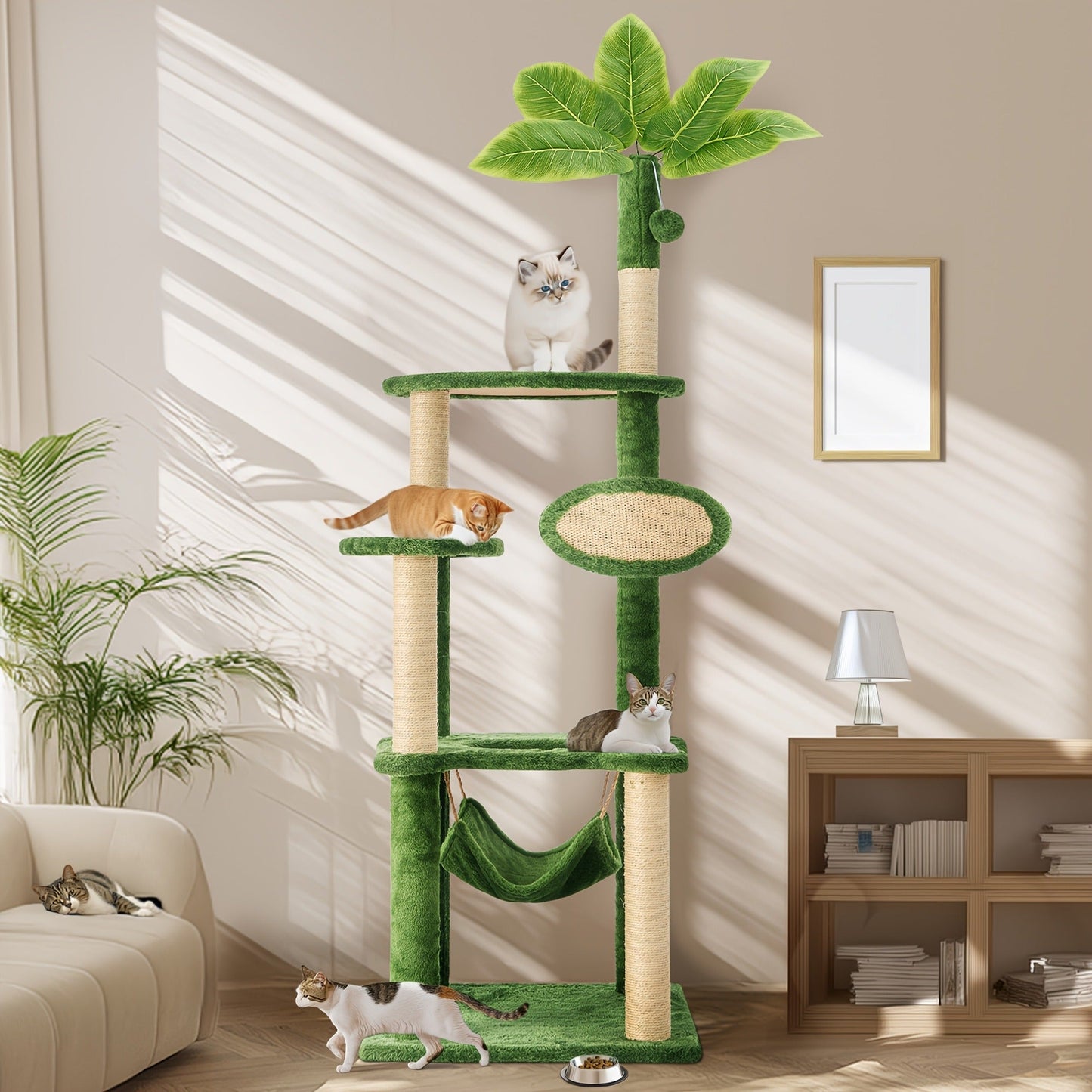 Cat Tree 55" Large Multi-Level Cat Tower for Indoor Cats with Green Leaves, Hammock, Sisal Scratching Posts & Hanging Ball Toy – Cat Furniture for Living Room
