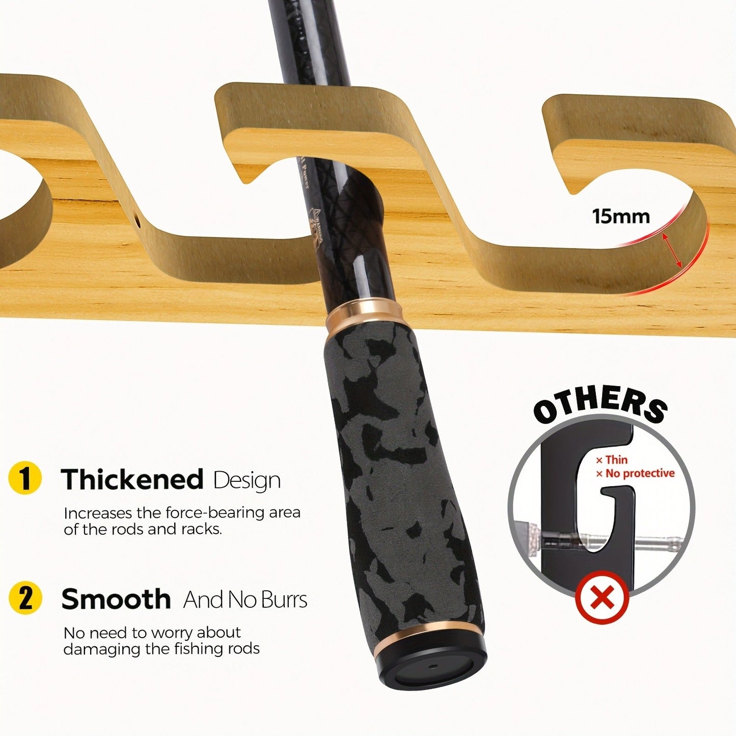 Wall-Mounted Wooden Fishing Rod Rack – 5-Hole Horizontal Rod Holder for Garage, Ceiling & Wall | Solid Wood Fishing Pole Storage Bracket for 5, 10 or 20 Rods | Father's Day Gift for Fishermen & Anglers