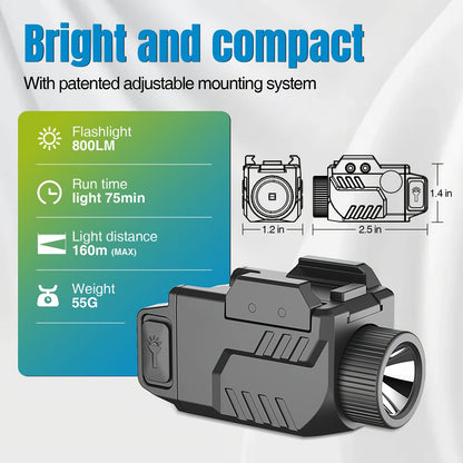 Pistol Light Tactical Flashlight - 800 Lumen USB Rechargeable Handgun Weapon Light with Picatinny Rail Mount for Pistols & Compact Firearms