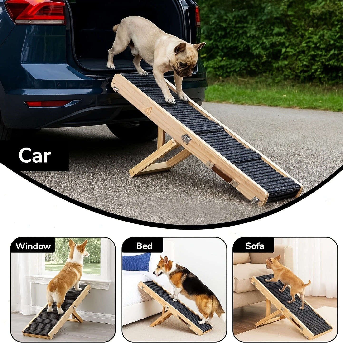 Foldable Dog Ramp for Couch & Bed – Adjustable Height 13–21 Inch, Non-Slip Pad & Wood Base, Portable Pet Stairs for Small Dogs, Puppies & Senior Dogs, Easy Carry 32in