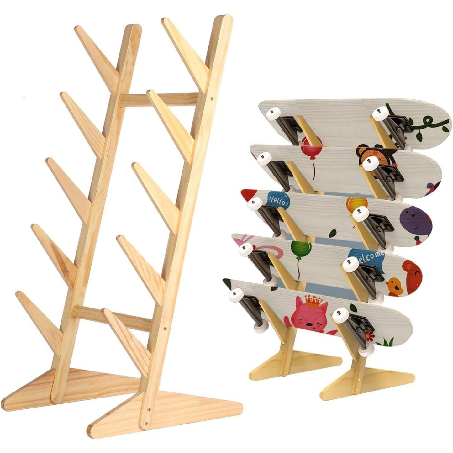 Skateboard Storage Rack 5-Layer Freestanding Wood Display Stand – Holds Longboards, Snowboards & Decks, 75° Angled Shelf with Non-Slip Base, DIY Paintable Pine Wood, Bedroom & Garage Organizer