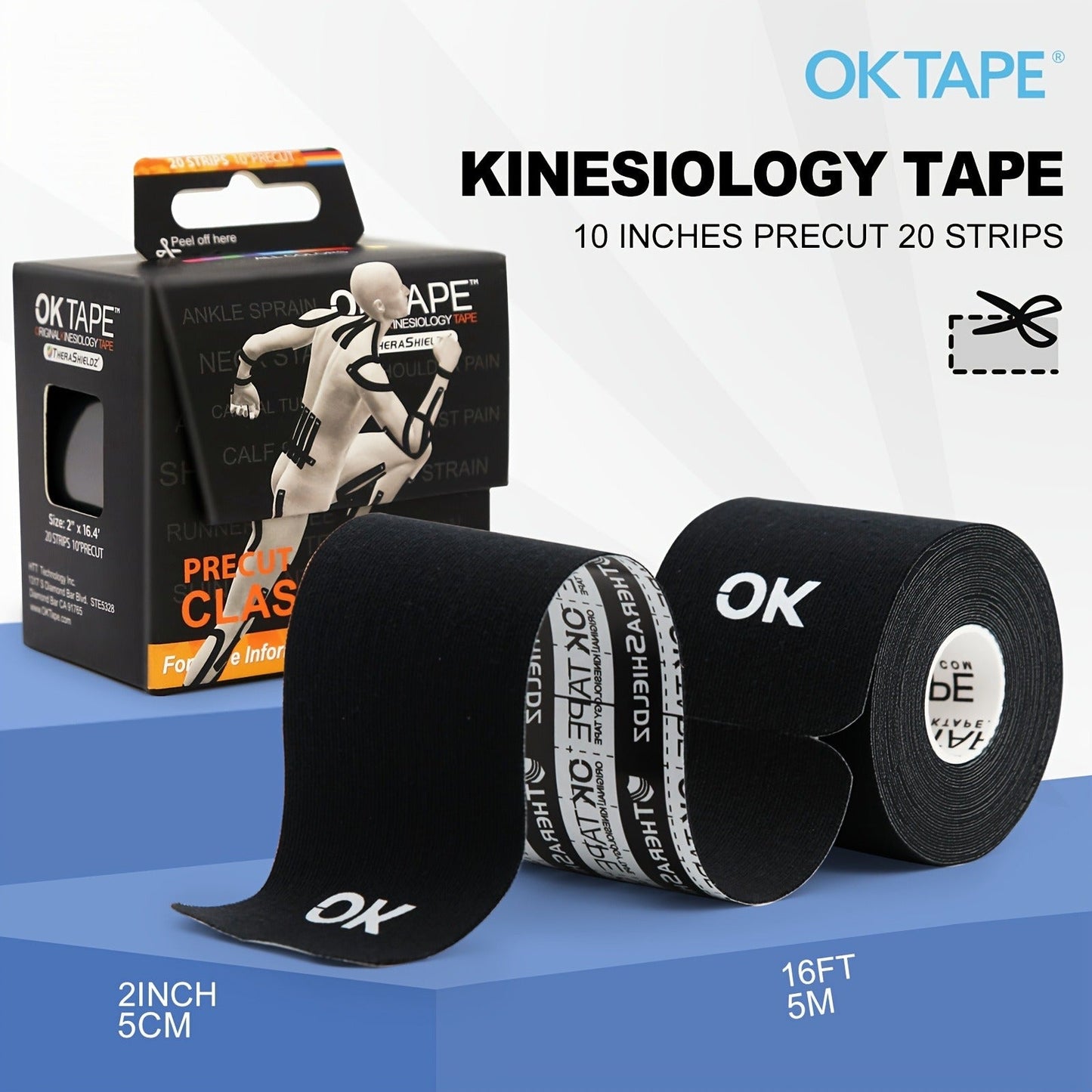 Kinesiology Tape 4 Rolls Precut 20 Strips, Cotton Elastic Athletic Tape Latex Free 2in x 16ft for Knee Shoulder Muscle Support Sports Recovery, Beige Black Pink Navy Blue Green Red