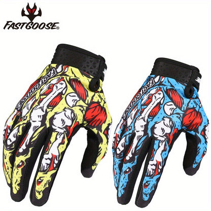 Motocross Gloves Touchscreen Full Finger - Breathable Riding Gloves with Print Design, Adjustable Wrist Closure, Road Racing & Cycling Protection (Blue/Yellow, M-XL)