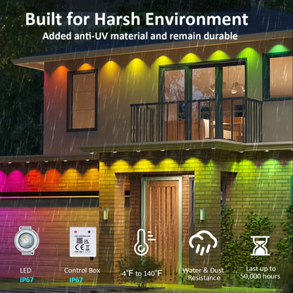Permanent Outdoor Lights RGB LED Eave Lights with App & Remote Control, IP67 Waterproof, Music Sync, Timer, Triangular Lens Effect, for Christmas Halloween Holiday Everyday Accent Lighting – 15ft to 500ft