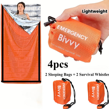 Emergency Sleeping Bag 4-Pack with Survival Whistles – Mylar Thermal Blanket Shelter Bag, Lightweight Waterproof Bivy Sack for Camping, Hiking, Backpacking & Outdoor Survival Gear