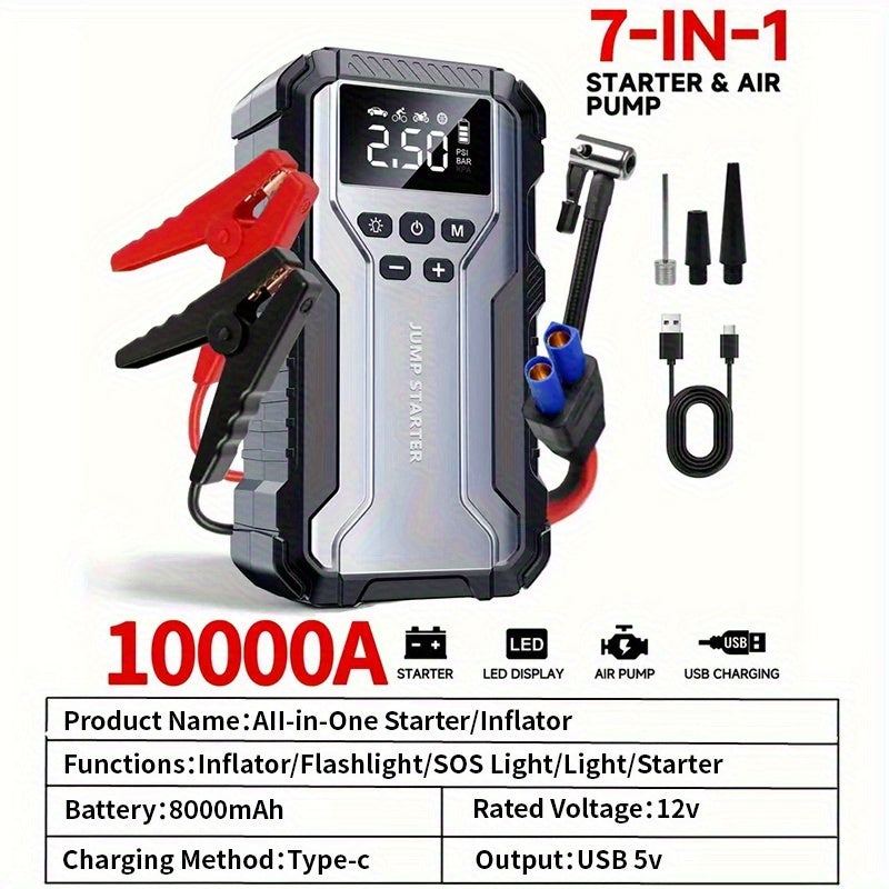 10000A 7-in-1 Multi-functional Emergency Start Power Supply with Air Pump, 150PSL Portable Car Battery Starter, Digital Tire Inflator, Suitable for 2.64 Gallon Gasoline Or 2.38 Gallon Diesel Battery, LED Emergency Light, Car Emergency Tool.