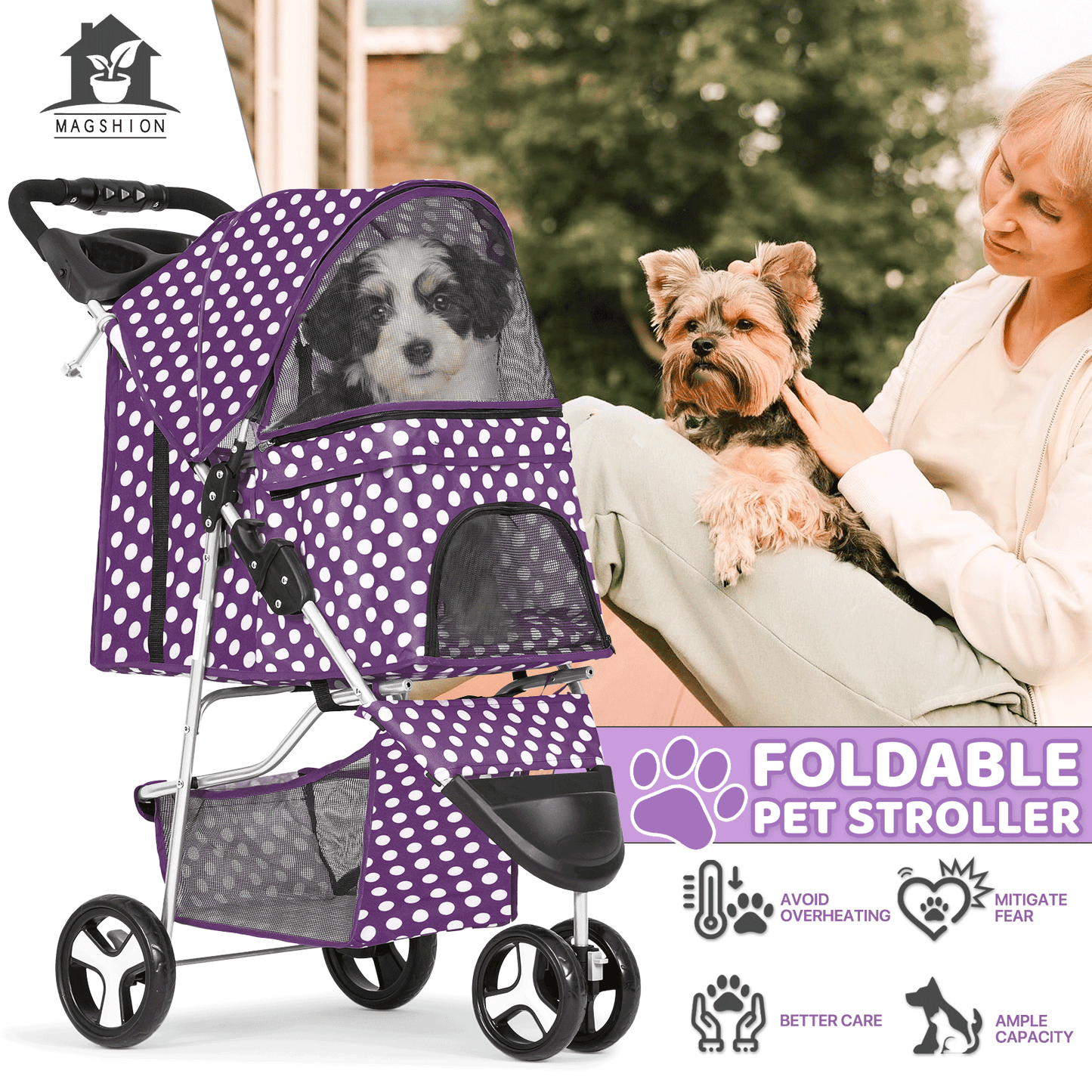 Pet Jogger Stroller 3-Wheel for Small & Medium Dogs & Cats up to 33 lbs - Foldable Oxford Waterproof Dog Cat Pram with 360° Swivel Wheels, Shock Absorber, Rear Brakes, Cup Holder & Storage Basket, 11 Colors