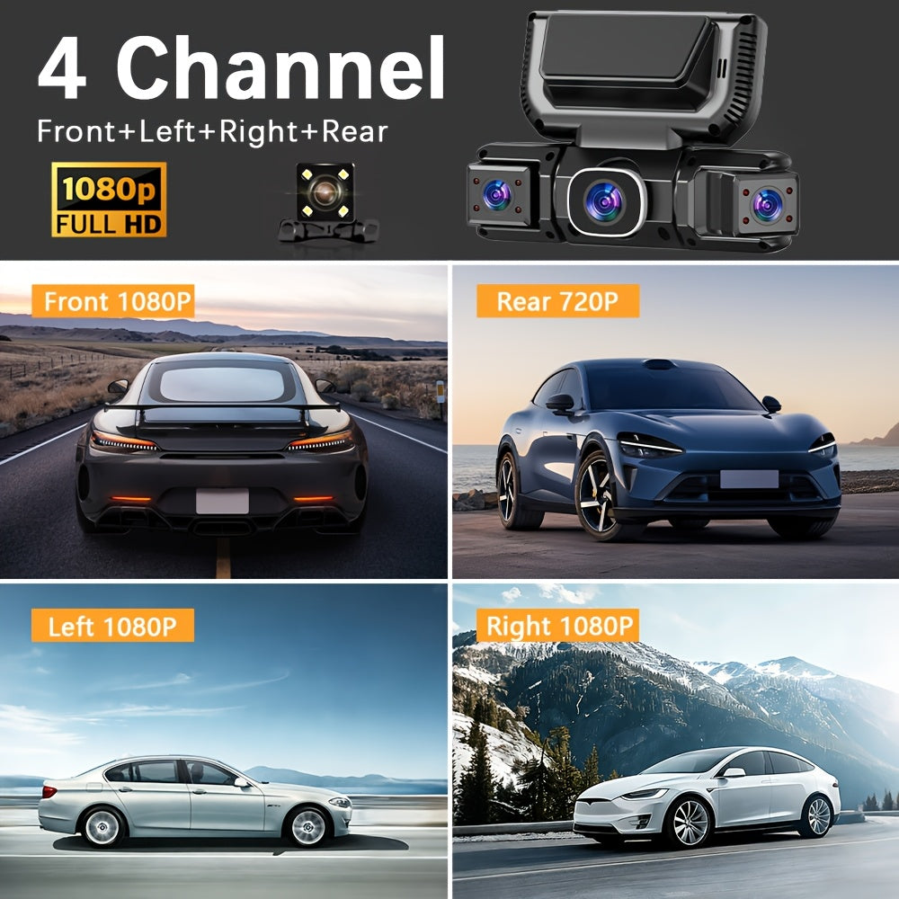 360° 3/4 Lens Dash Cam USA, 4 Channel Front/Rear/Left/Right Recording, Night Vision, 3.16" IPS Screen with Wifi, G-Sensor, Parking Mode, 32GB Card Optional/No Card