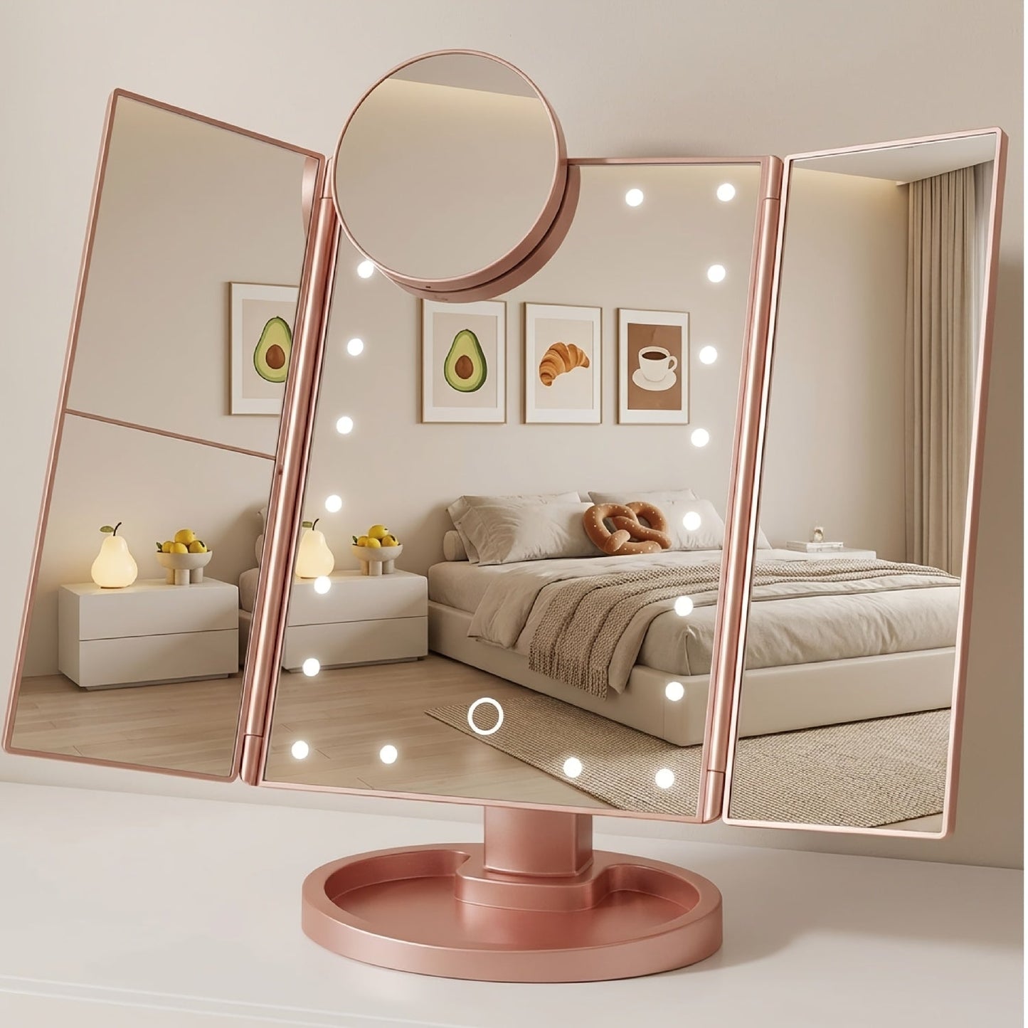 Vanity Mirror with Lights Tri-Fold 21 LED Lighted Makeup Mirror Touch Control 1X 2X 3X 10X Magnification 360 Rotation Dual Power Tabletop Trifold Mirror for Women Gift White Rose Gold
