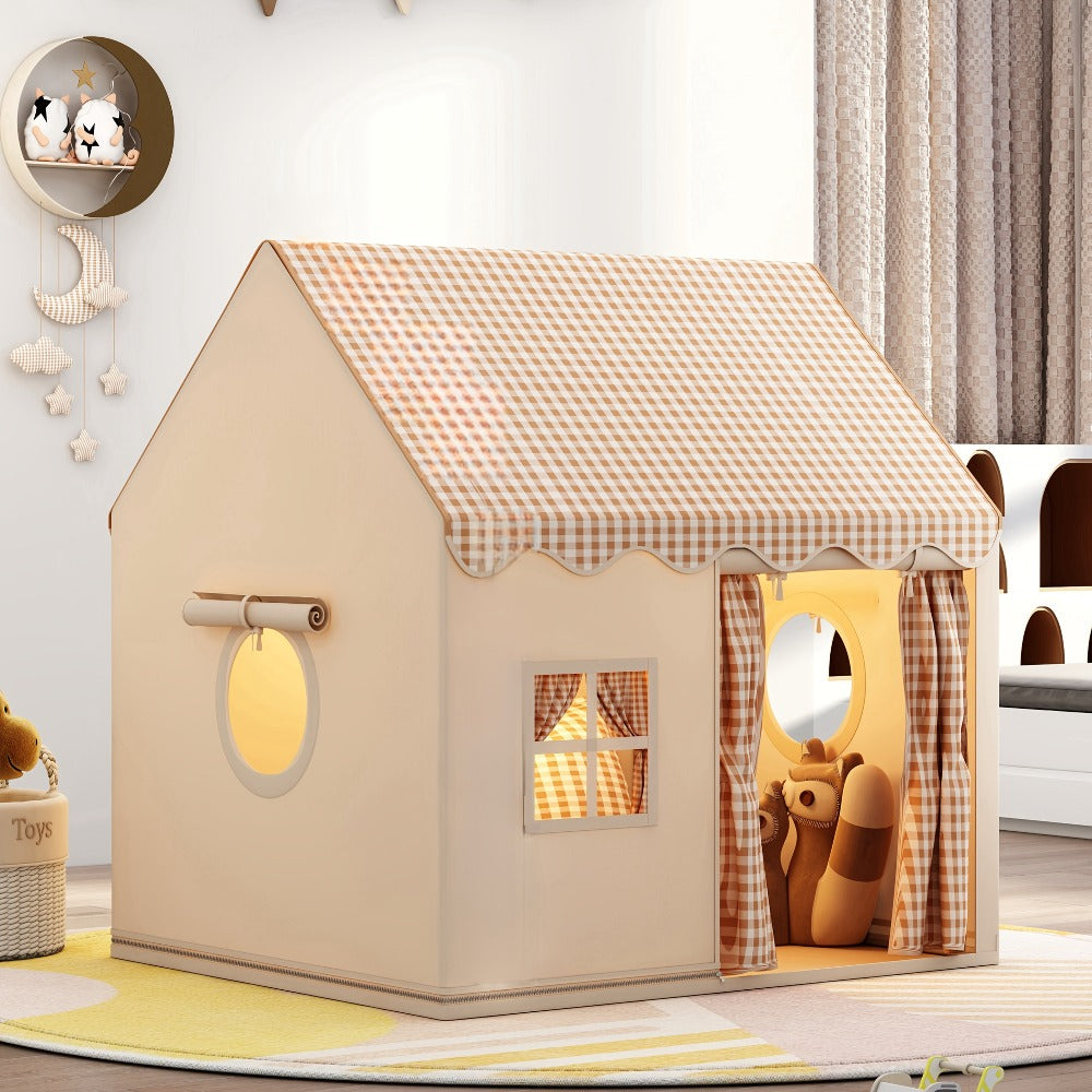 Kids Cabin Style Checked Play Tent – Indoor & Outdoor Polyester Playhouse Tent for Home Decor & Family Fun | Pink, Khaki, Yellow | Holiday Gift & Party Decoration