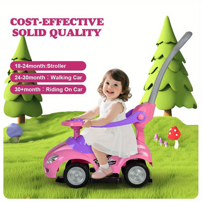 3-in-1 Toddler Push Ride & Walker Car – Baby Ride-On Toy with Guardrail, Music & Under-Seat Storage for Ages 18–36 Months | Indoor Outdoor Safe Play | Pink, Red