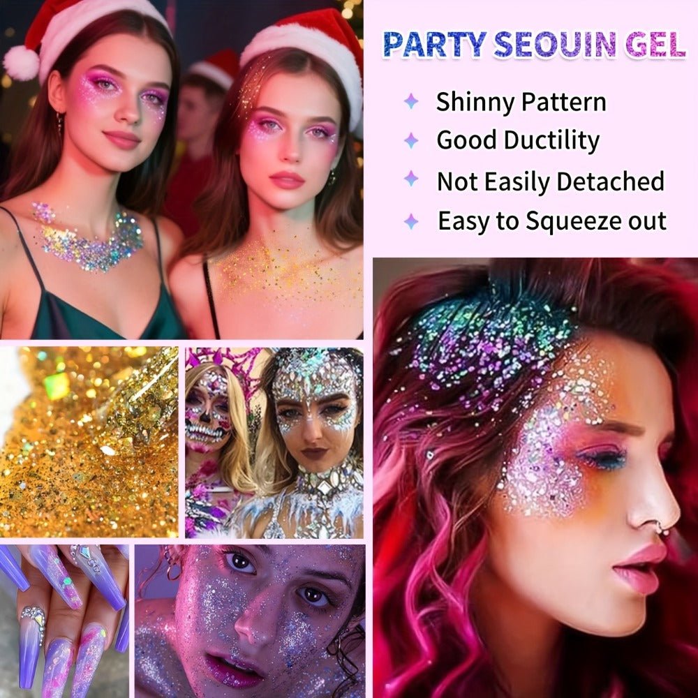 Holographic Glitter Gel Set 10 Colors Cosmetic Grade Face Body Makeup - Festival Rave Cosplay Anime Halloween Party Shimmer Skin Safe Easy Apply Remove