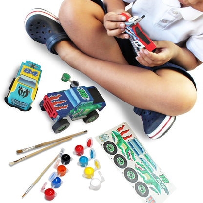 Build and Paint Wooden Vehicle Kit for Kids 144 Pieces – Race Car Motorcycle Monster Truck, 12 Colors 3 Brushes Racing Decals, STEM Craft Gift for Boys Ages 6 7 8 9 10