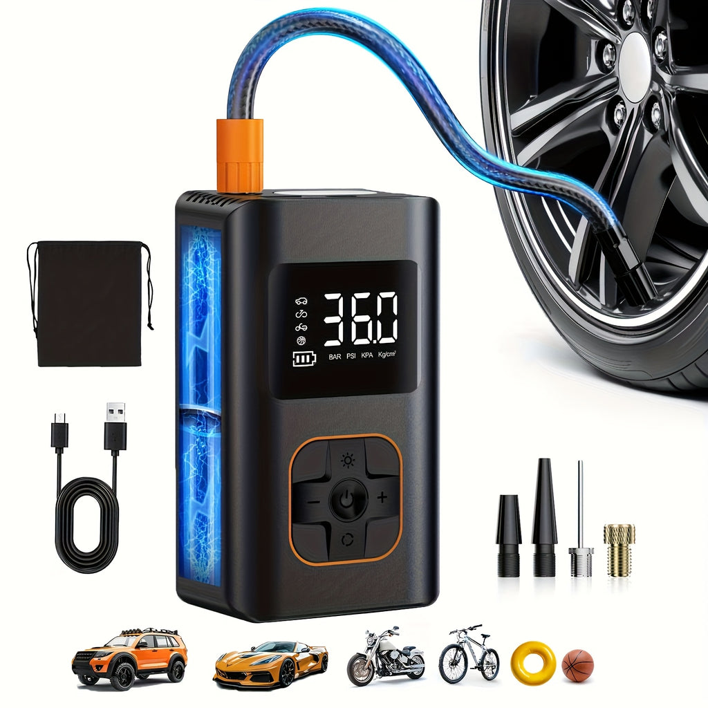 Portable Air Compressor for Tire Inflation Featuring an Automatic Shut-Off, Capable of 150PSI. This Car Tire Pump Comes with a Digital Pressure Gauge And LED Light, Powered by a Rechargeable Lithium Battery, And Is Ideal for Car Tires, Motorcycles