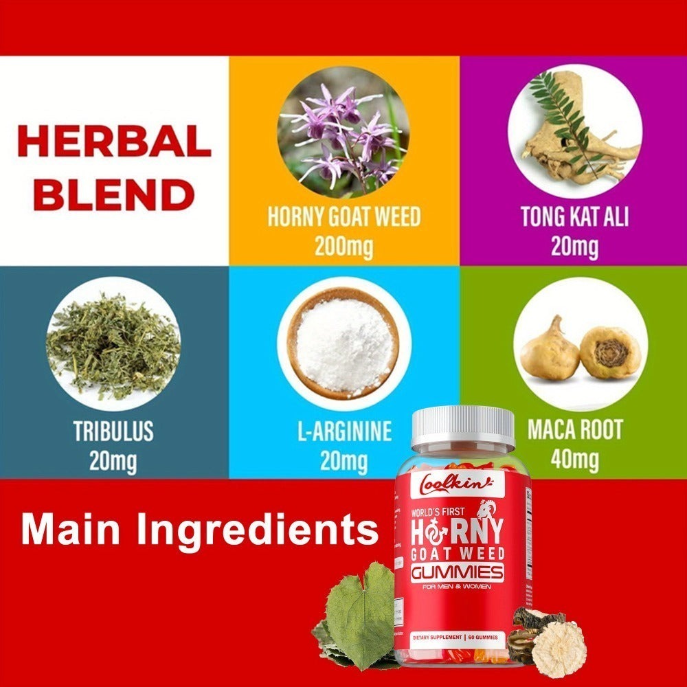 Horny Goat Weed Gummies with Maca Root Tongkat Ali Tribulus & L-Arginine – Men's Vitality & Energy Support Chewable Supplement, 60 Gummies, Natural Male Wellness Formula