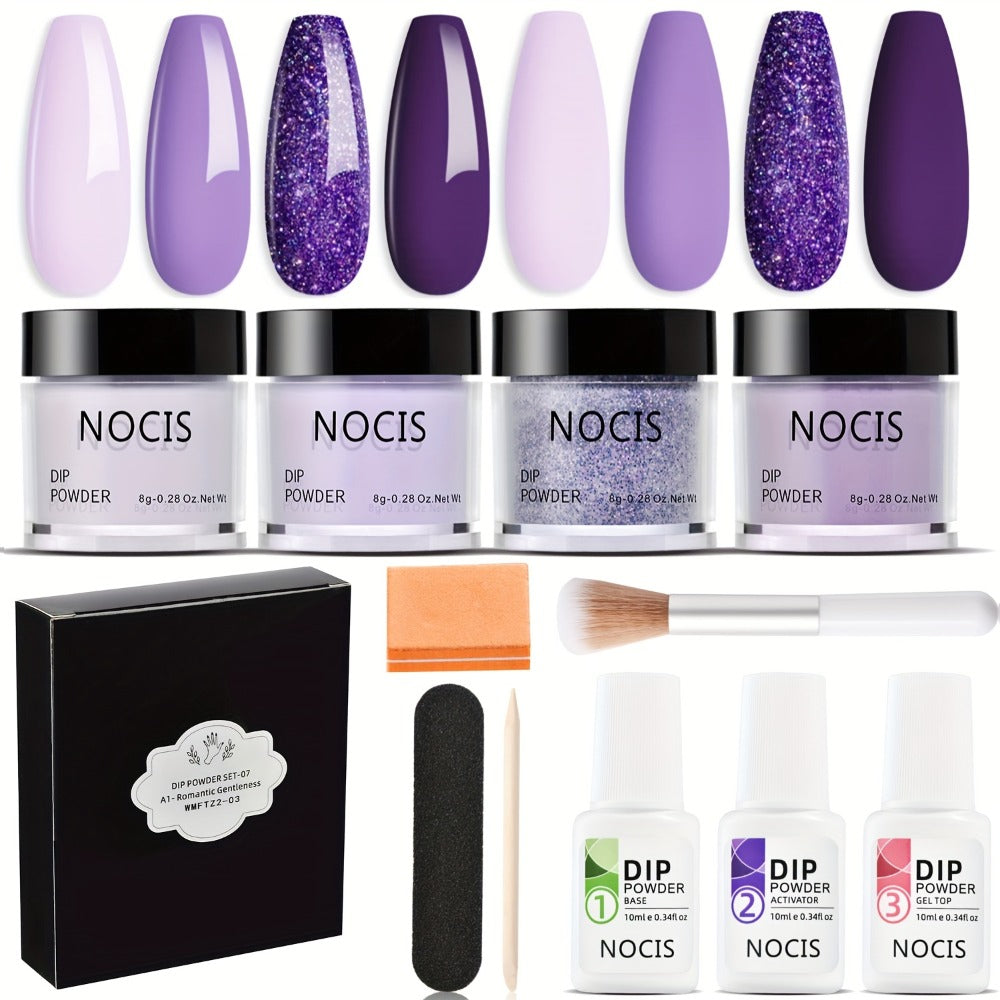 Dip Powder Nail Kit 4 Colors Lilac Lavender Purple Glitter - All-in-One Beginner Manicure Set with Base Coat Activator Top Coat No UV Lamp French Nail Art Home Salon