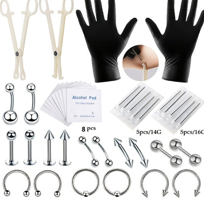 Piercing Kit Stainless Steel Random Set – Nose Bone Ear Tragus Lip Belly Button Eyebrow Piercing Needle Tools with Stainless Steel Jewelry, Trendy Body Piercing Accessories for Men and Women