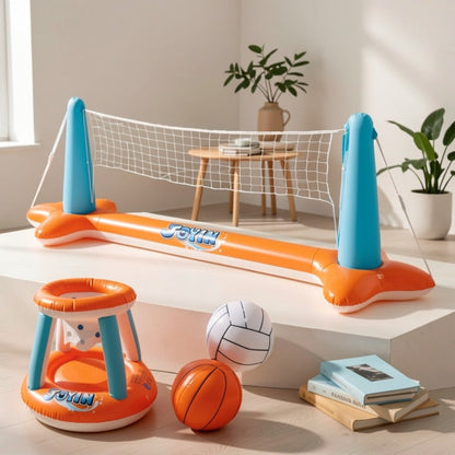 Inflatable Pool Game Set for Kids & Adults – Volleyball Net Court & Basketball Hoops with Balls, Floating Swimming Party Toy for Summer Pool Backyard Outdoor Fun, Large